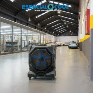 Climatizador evaporativo portátil funcionando en un taller mecánico abierto